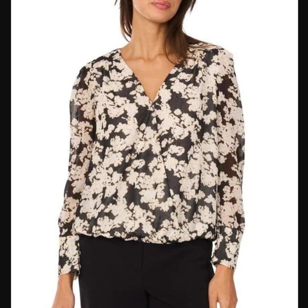 New Vince Camuto Large Black Cream Floral Wrap Long Sleeve Blouse Office